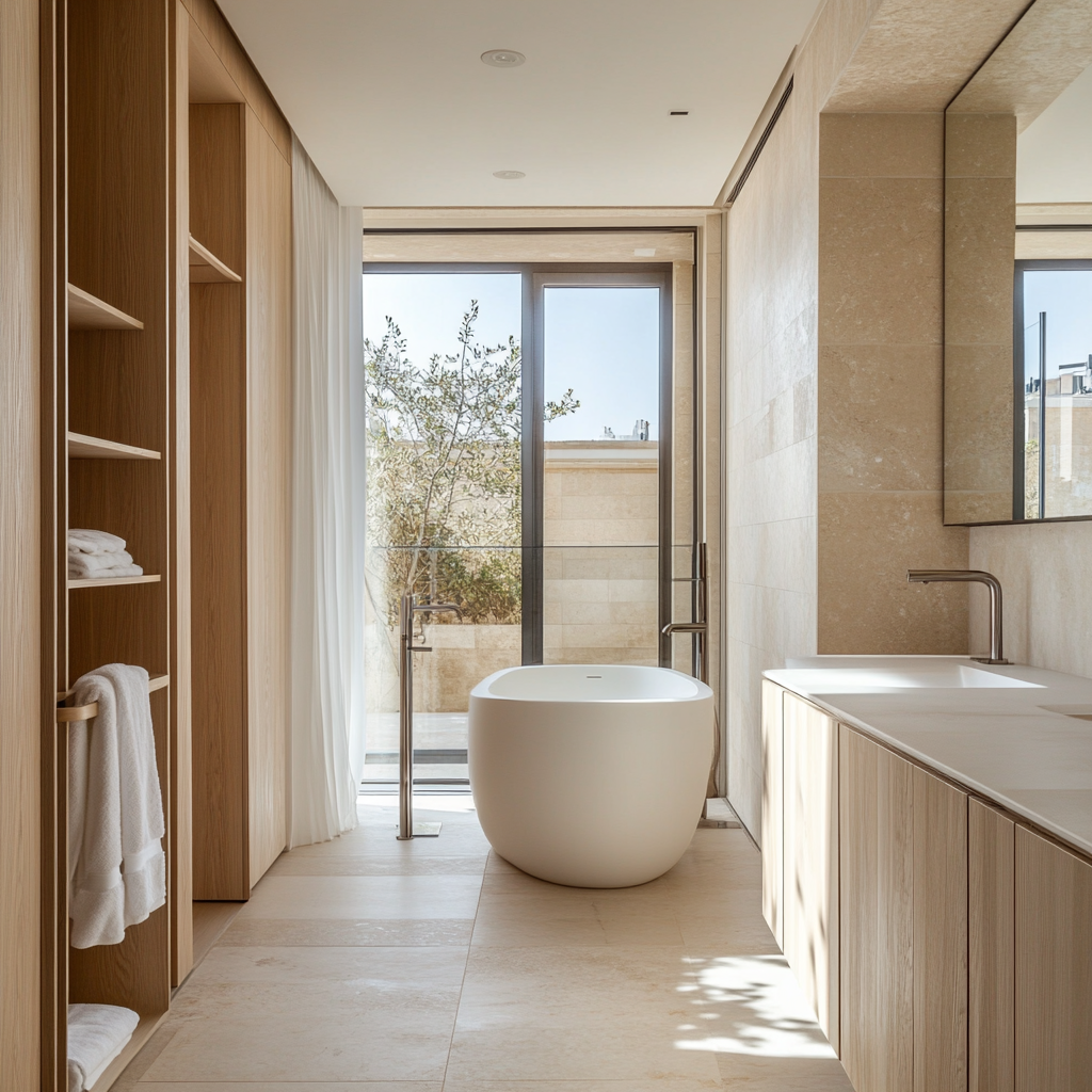 Design in Israel using natural, bright materials for master bedroom and bathroom.