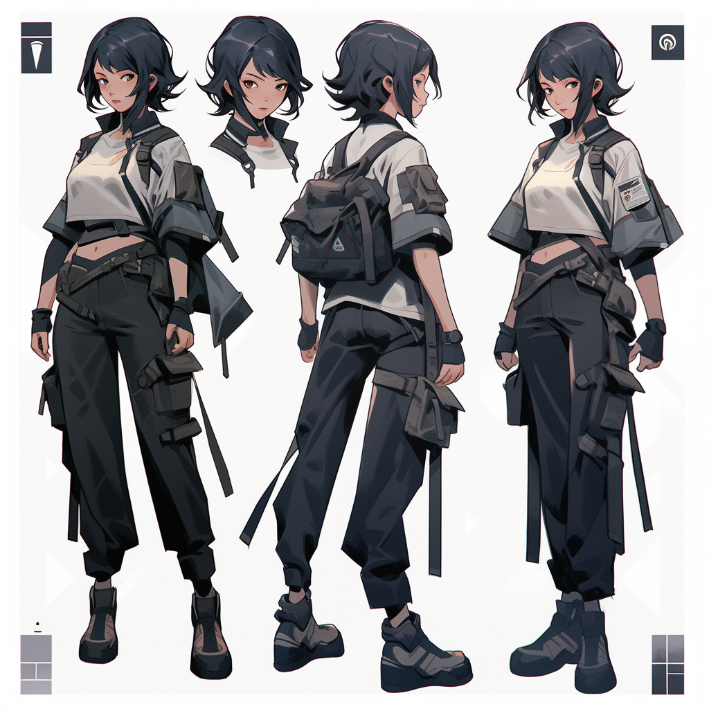 Design sheet for stunning, detailed character in anime style.