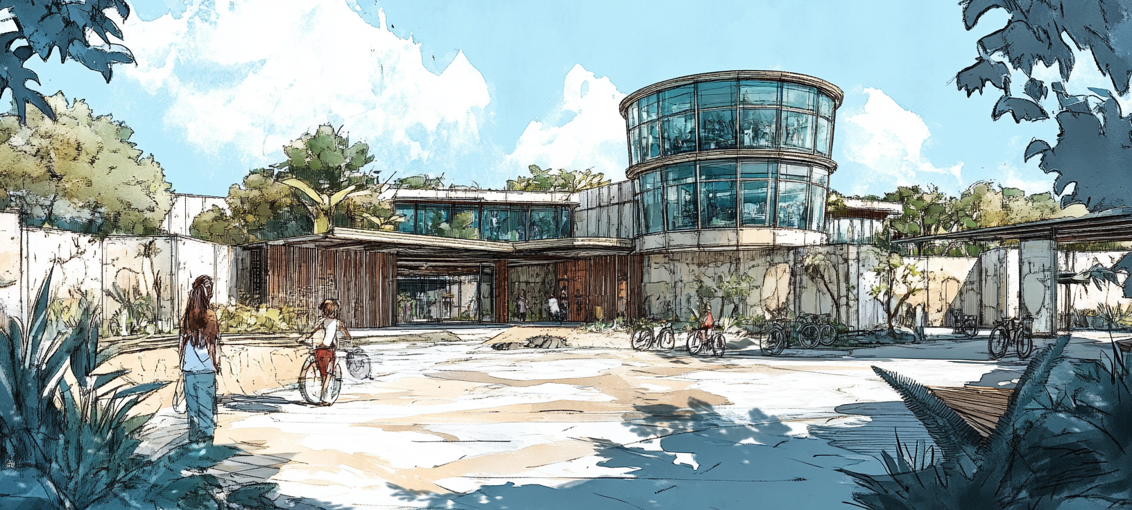 Design sketch of zoo entry plaza with round building.