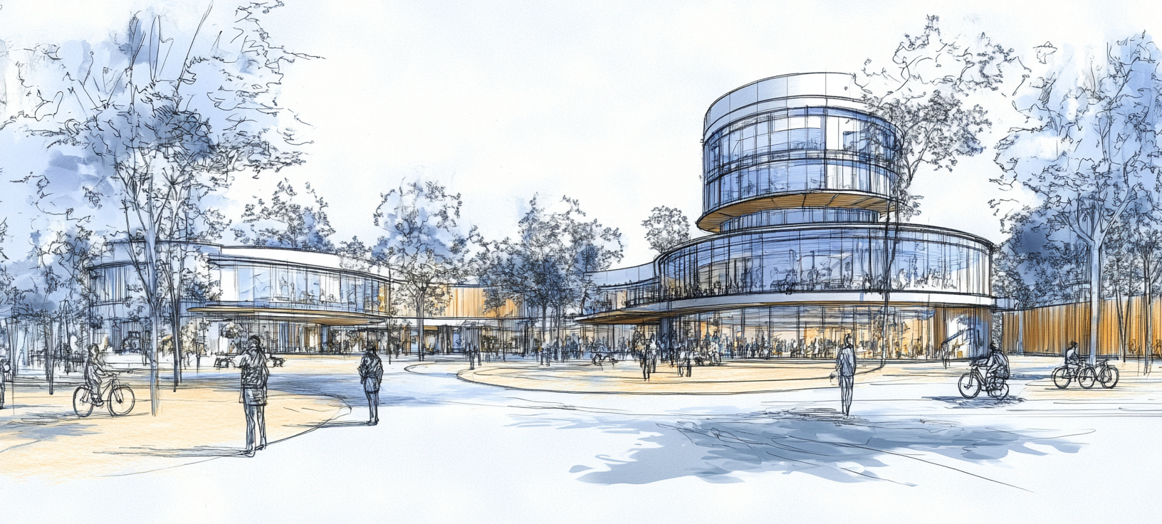 Design sketch of zoo plaza with bike rental building.