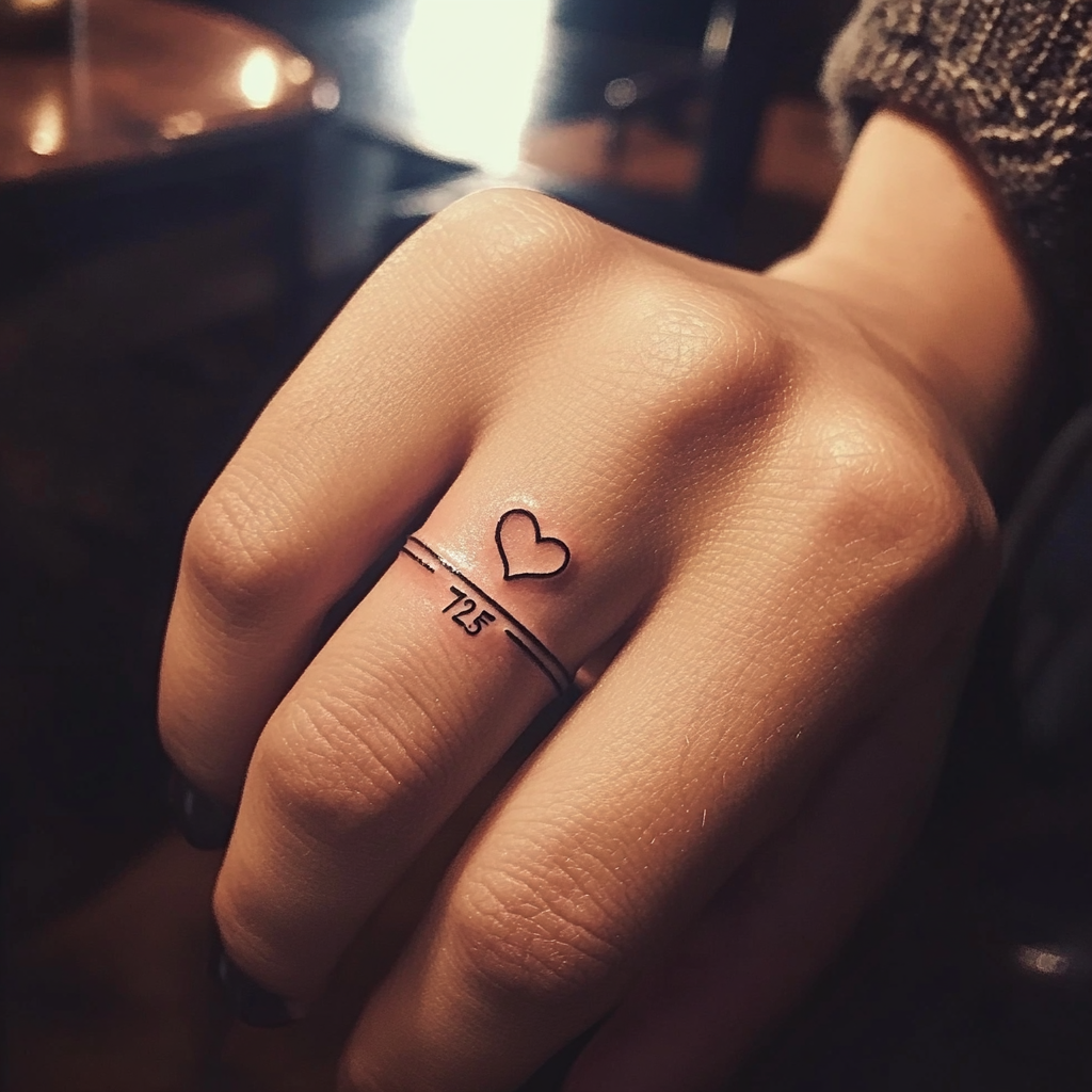 Design thin wedding ring tattoo with heart, numbers 725.