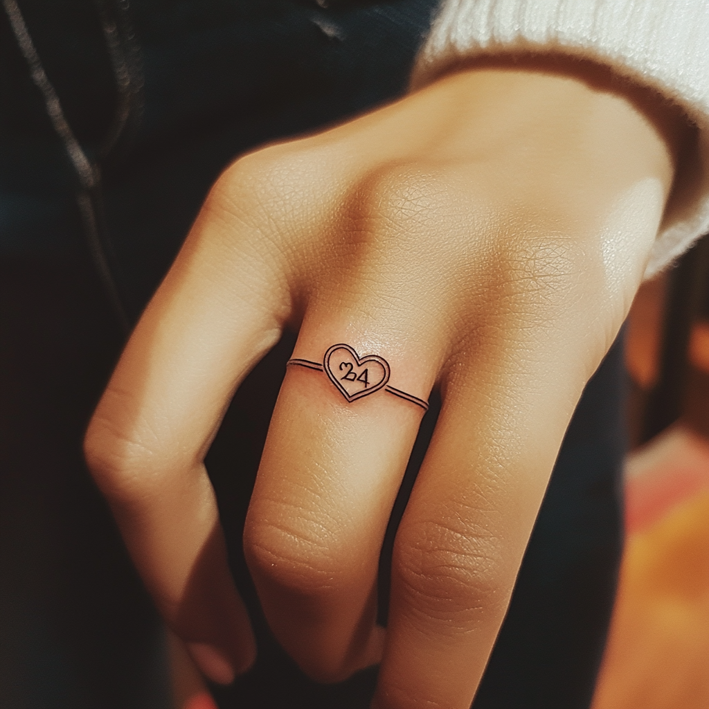 Design wedding ring tattoo with thin lines, heart, 324.