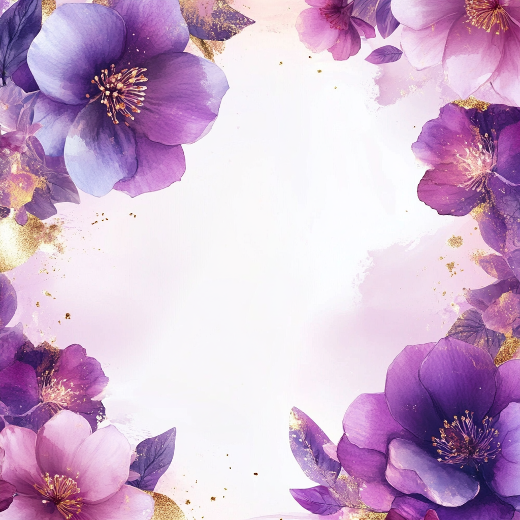 Design with gradient purple and pink flowers with gold accents.