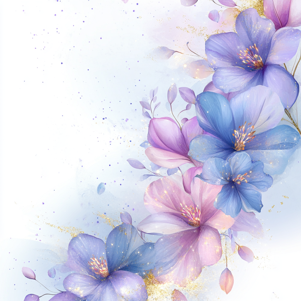 Design: Flowers with purple, pink, blue, gold sparkle.