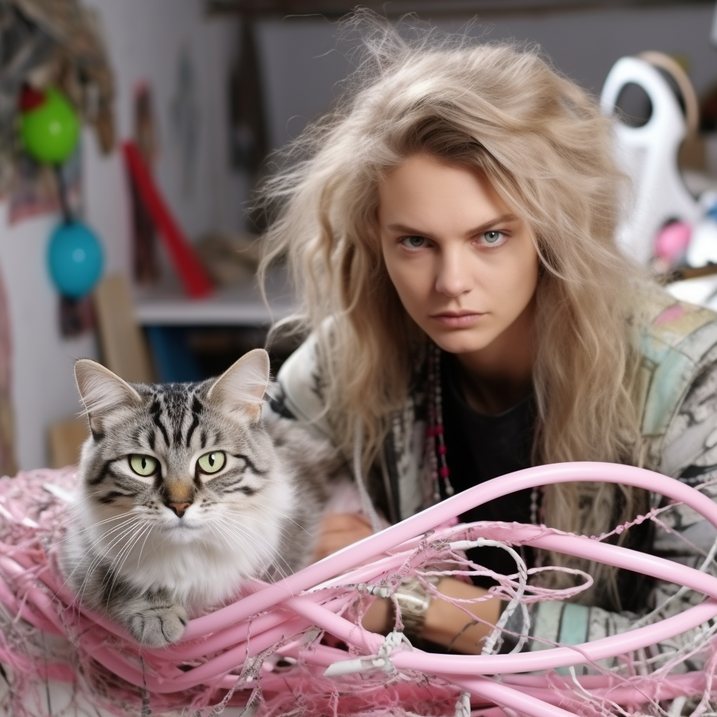 Designer holding fabric with cat in workshop.