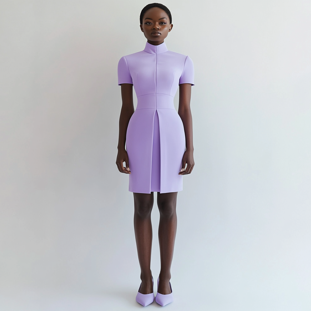 Designer lilac dress with short sleeves, straight cut.