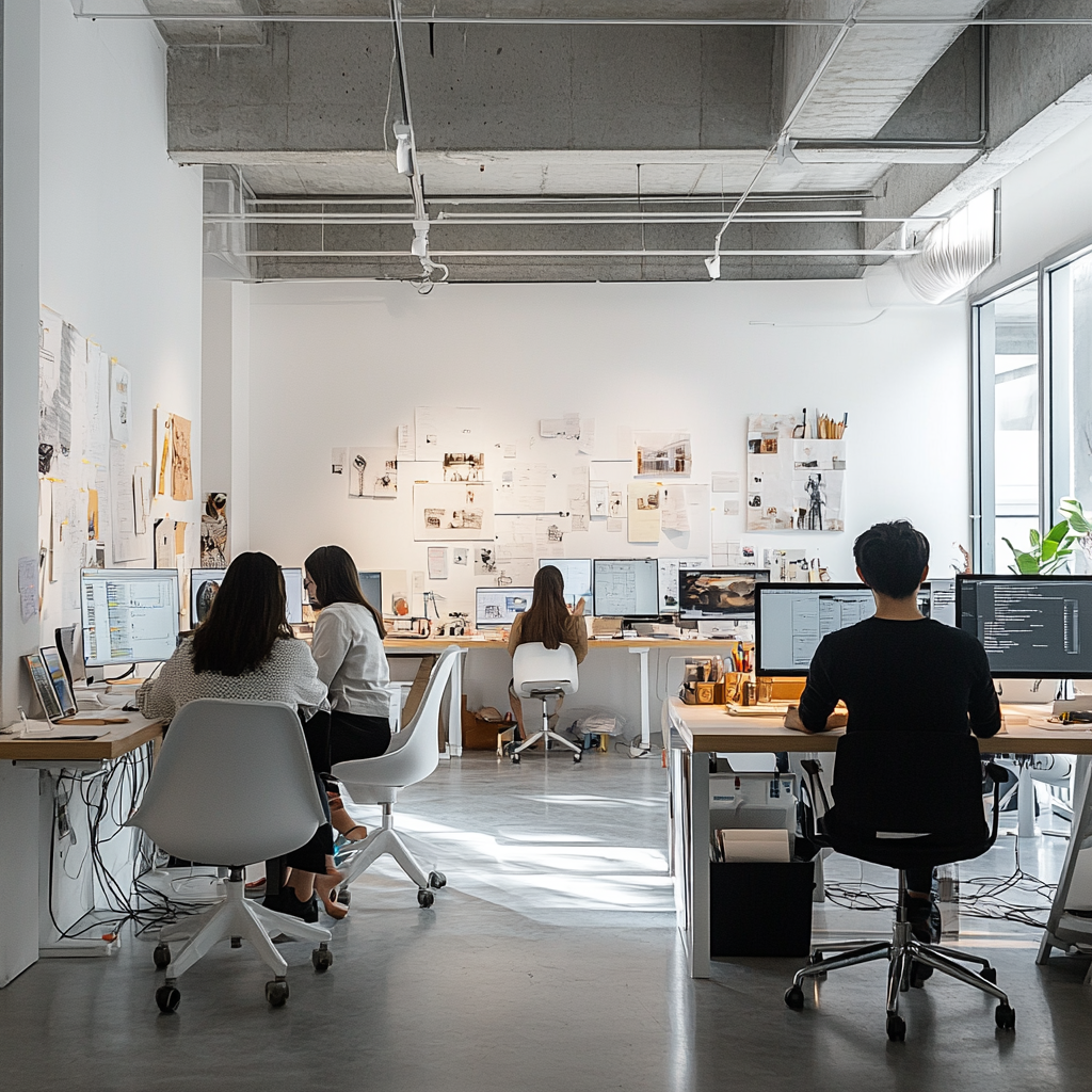 Designers collaborating in minimalist studio with white walls.