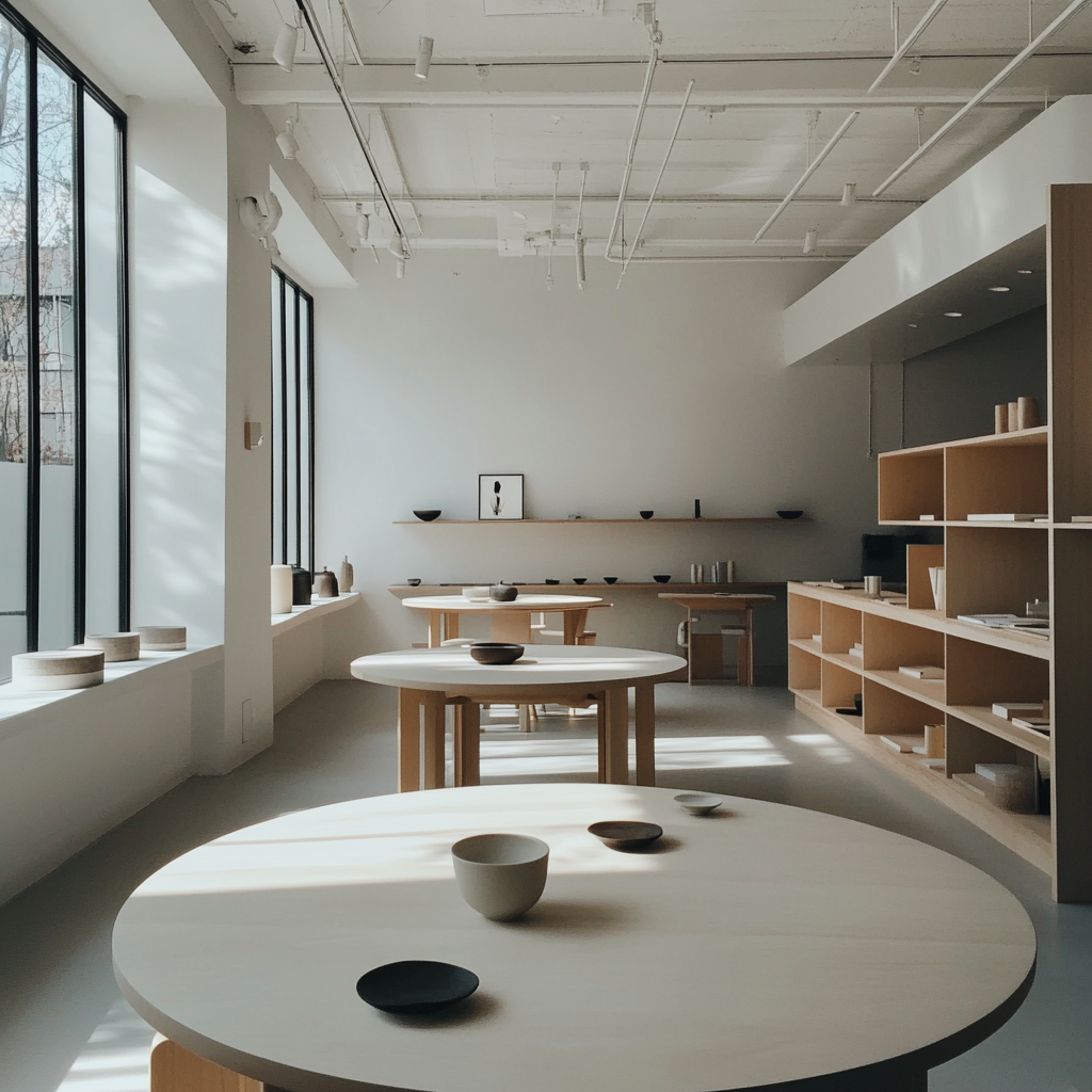 Designers convene at minimalist open studio with round tables.