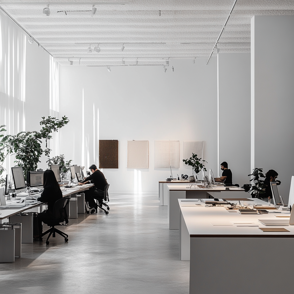 Designers working in global studio with minimalist decor.