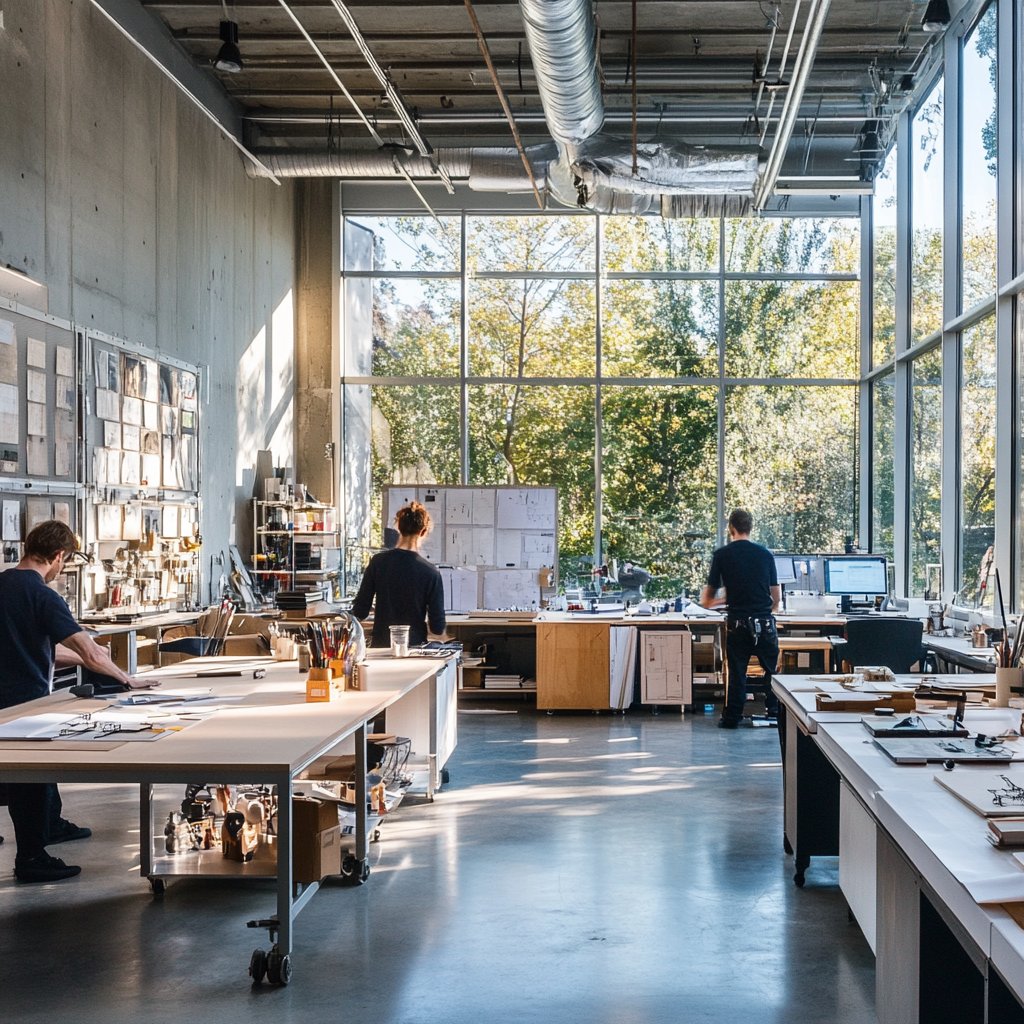 Designers working in modern studio with natural light.