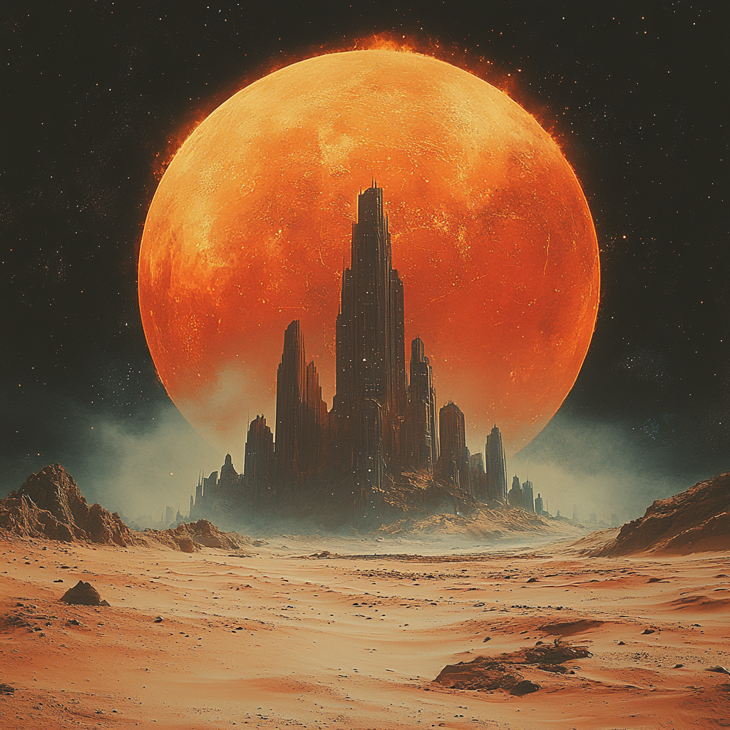 Desolate city in bright desert, space background