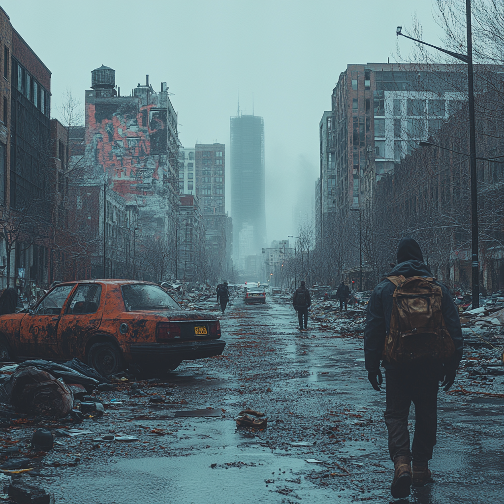 Desolate cityscape, empty streets, somber atmosphere, urban decay.