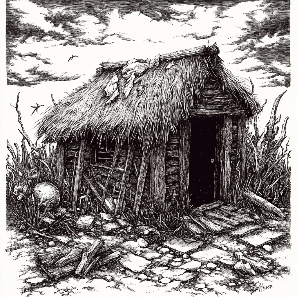 Desolate hut with cracked roof, eerie presence.