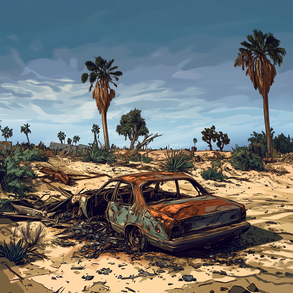 Desolate landscape with burned-out car and destruction in GTA V.