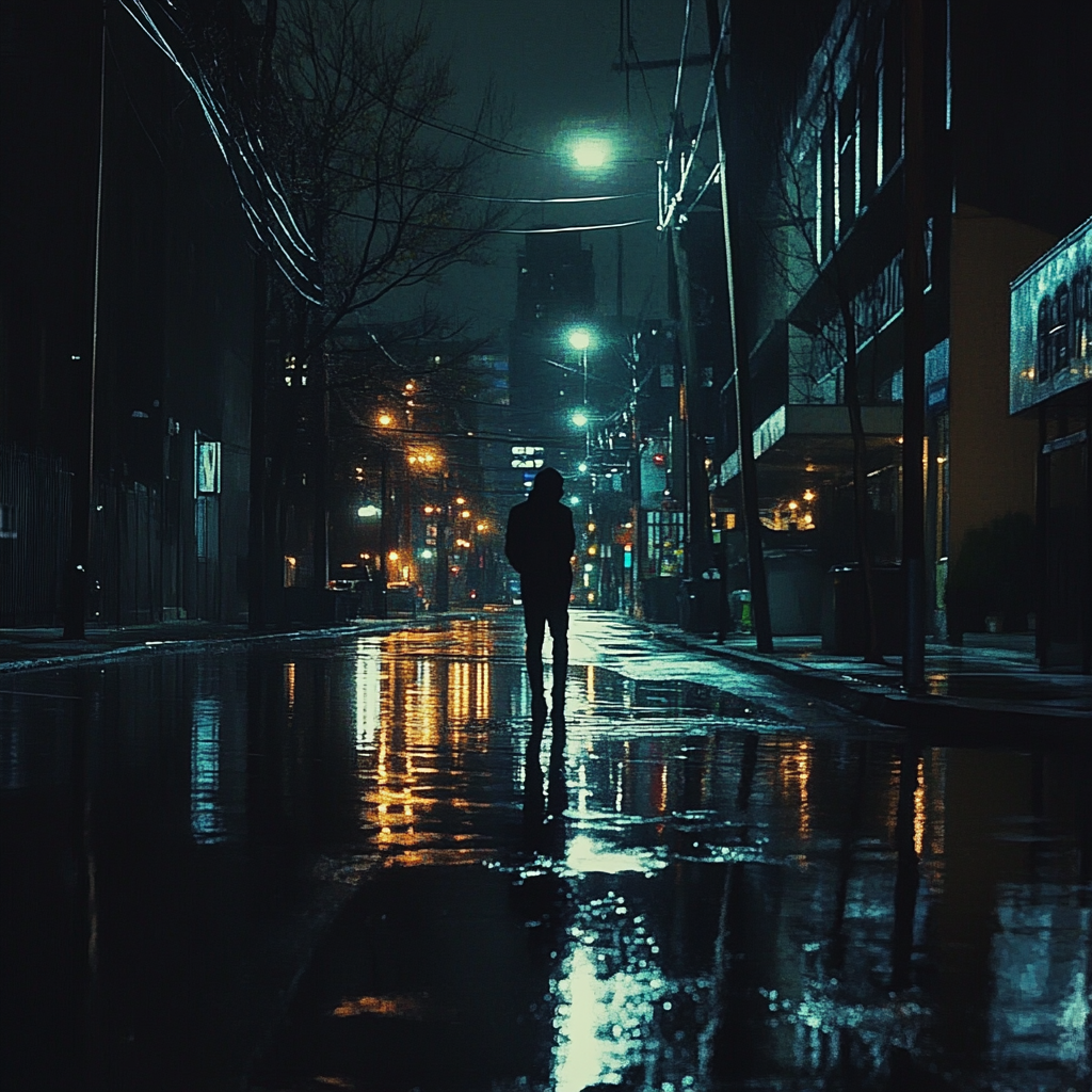 Desolate person in rain under streetlights at night