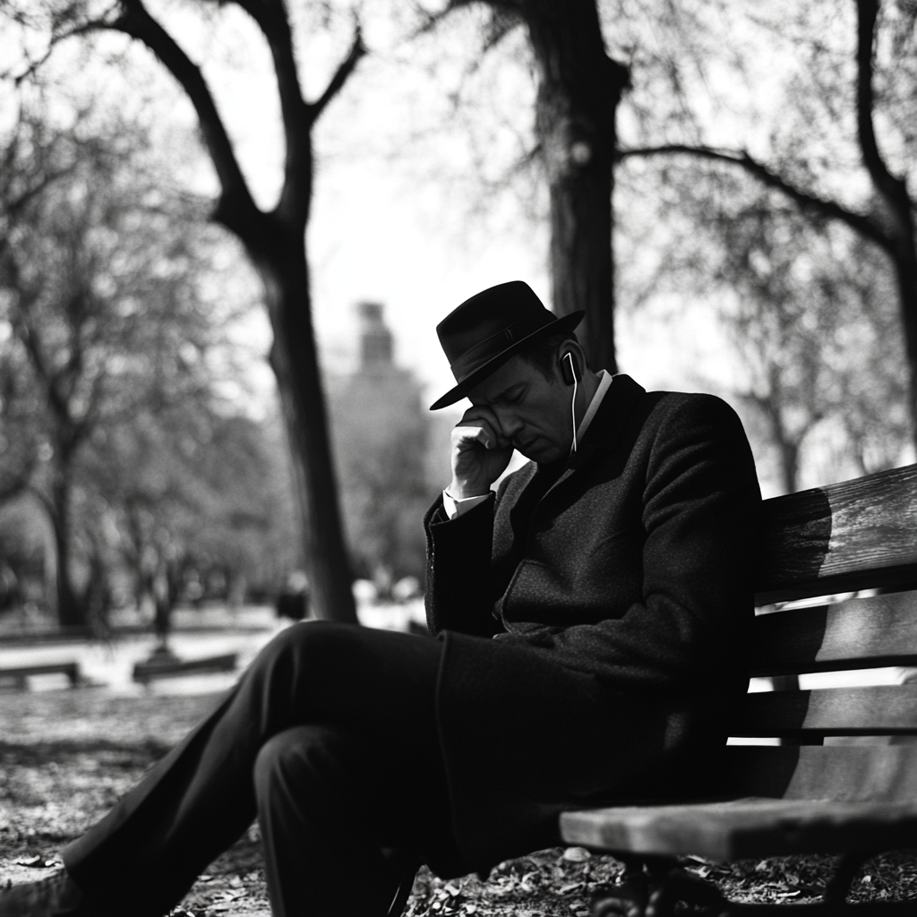 Desperate gentleman waiting on bench in park 