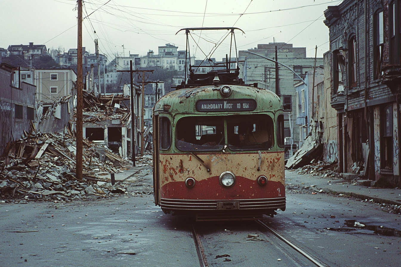 Destroyed buildings, old trolley car, wartime street scene.