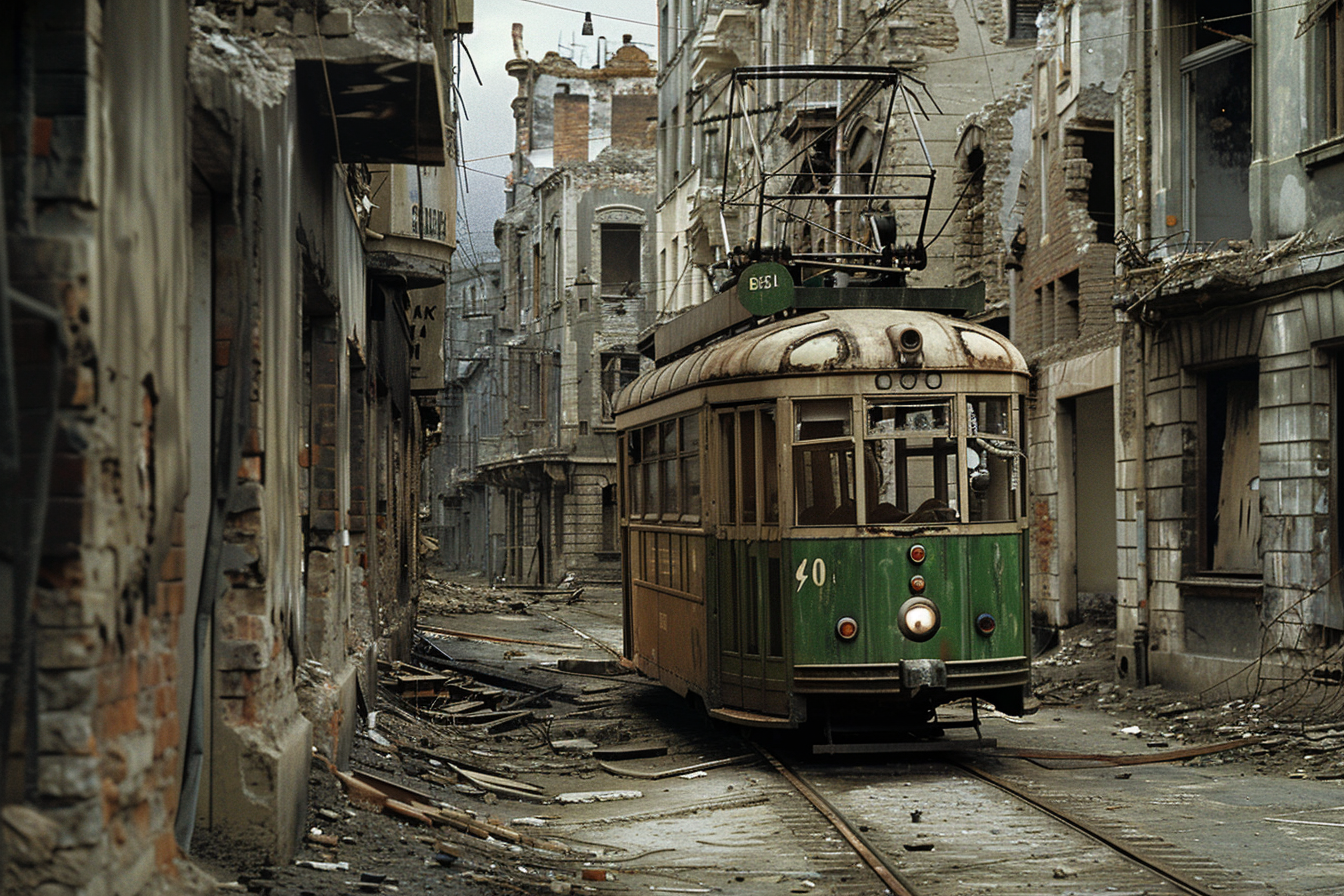 Destroyed buildings in background as old trolley car passes.