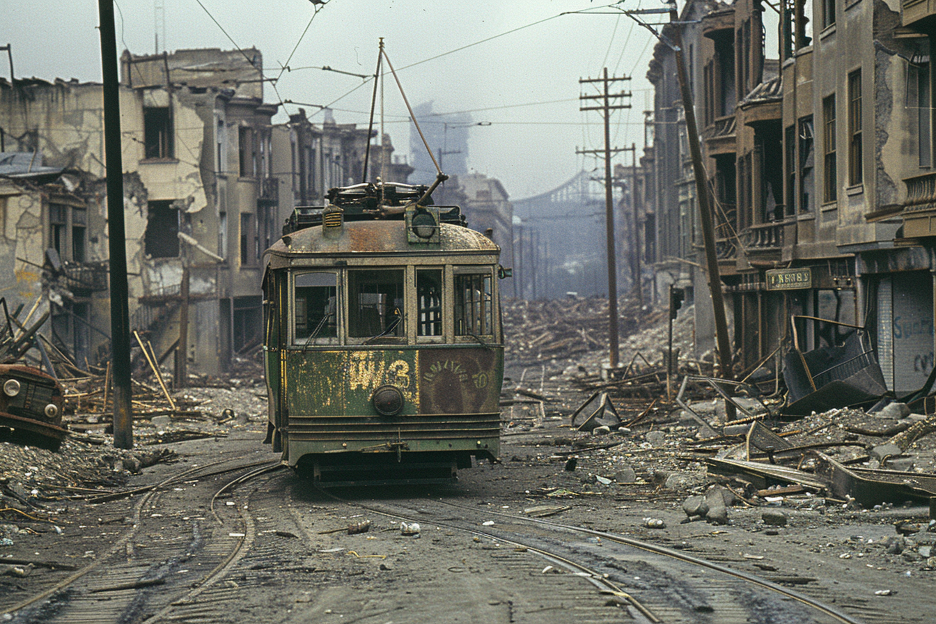 Destroyed buildings on background, old trolley car.