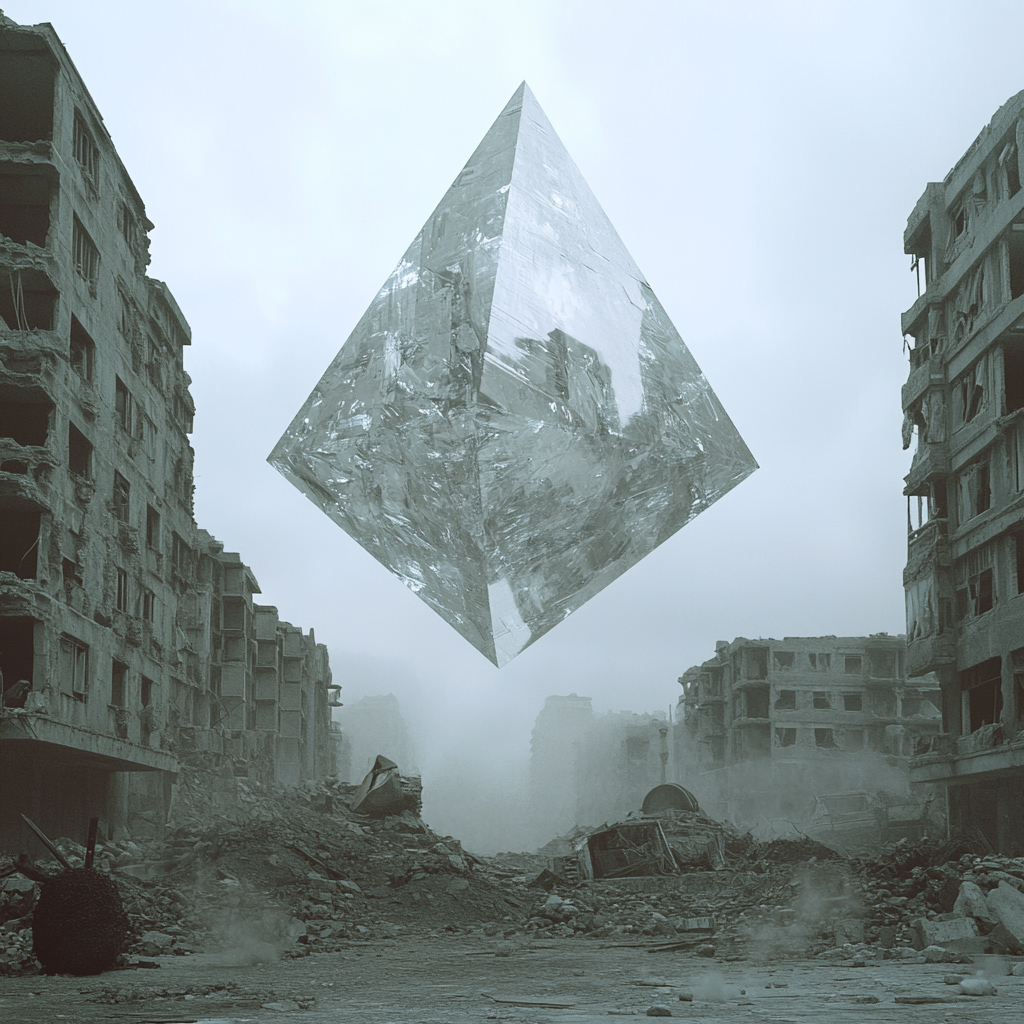 Destroyed city with floating crystal triangle, bright contrast.