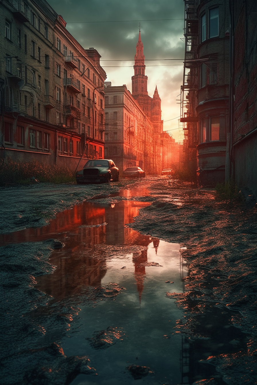 Destroyed city with red sky and realistic lighting detail.