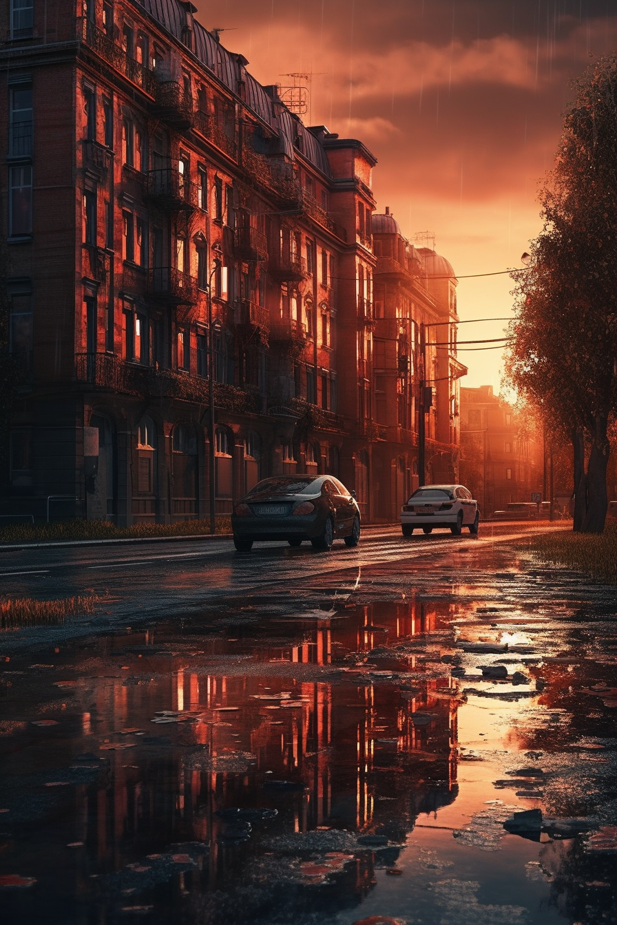 Destroyed city with red sky and reflective puddles.