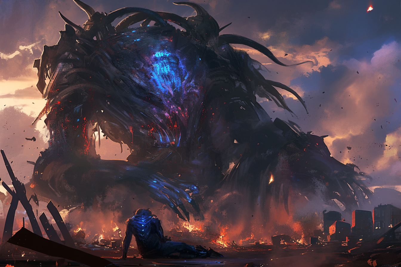 Destroyed cybernetic man in fiery, stormy town + horror art.