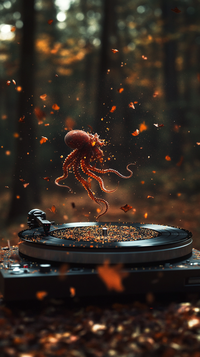 Destroyed turntable in forest, glowing octopus flock flies.