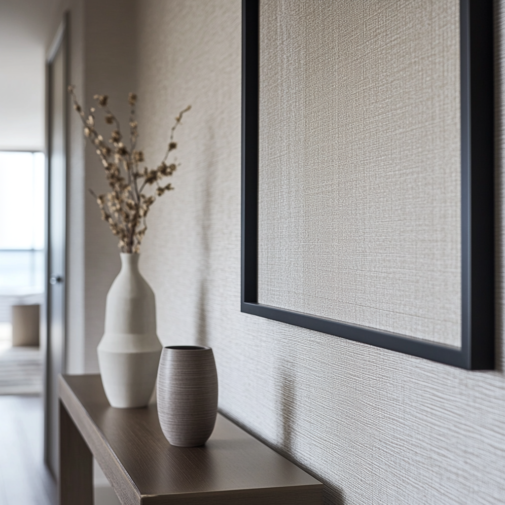 Detail of hallway wallpaper with small table corner visible.