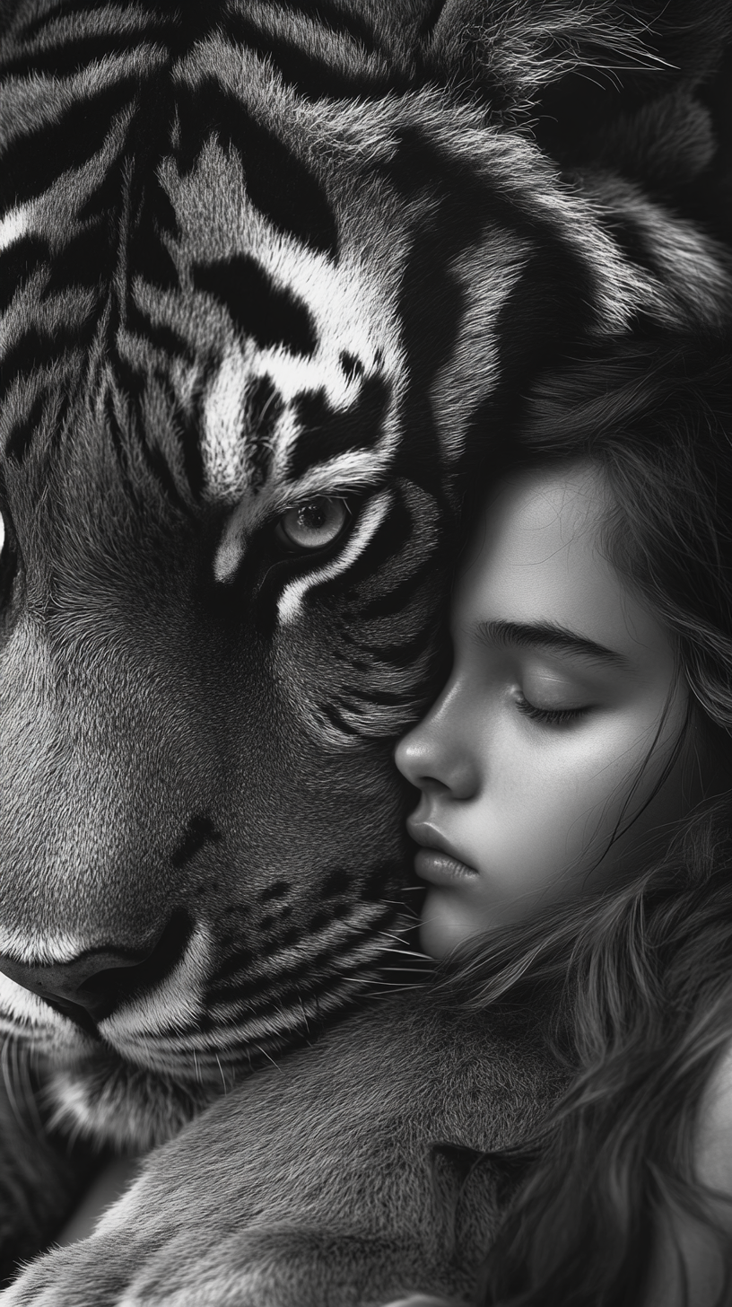 Detail-rich monochrome portrait of girl with tiger, protector.