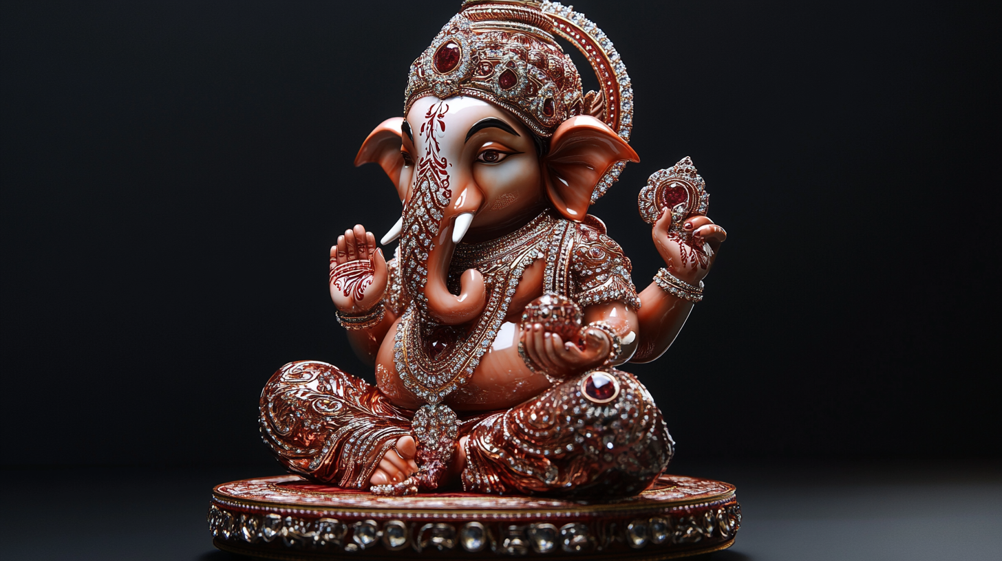 Detail-rich red ruby Ganpati idol in 8k resolution.