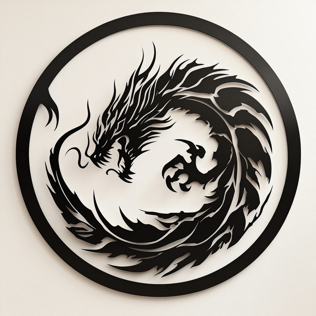 Detailed, high-contrast metal dragon art on light wall.