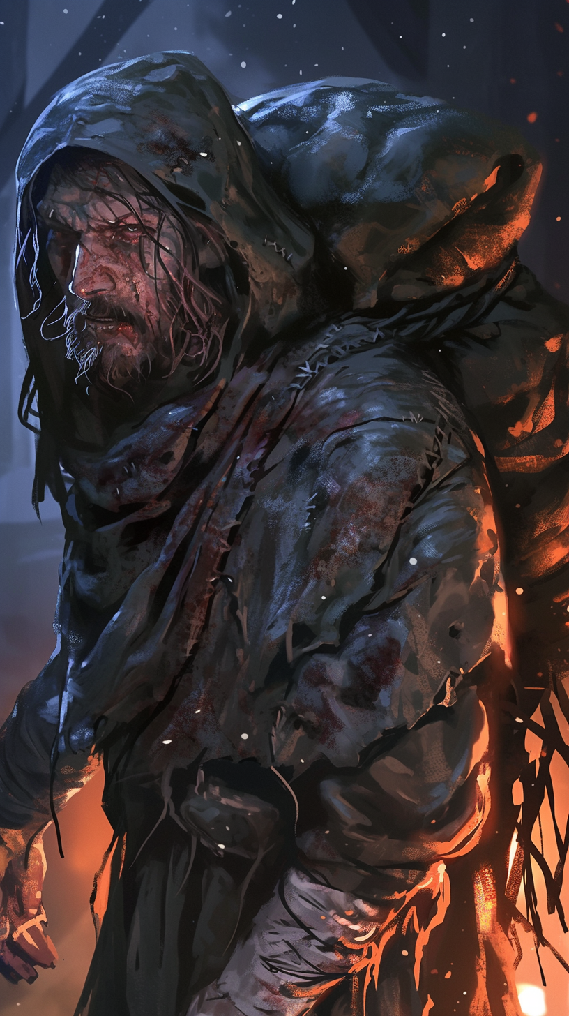 Detailed, horror artwork of a disheveled man in darkness.