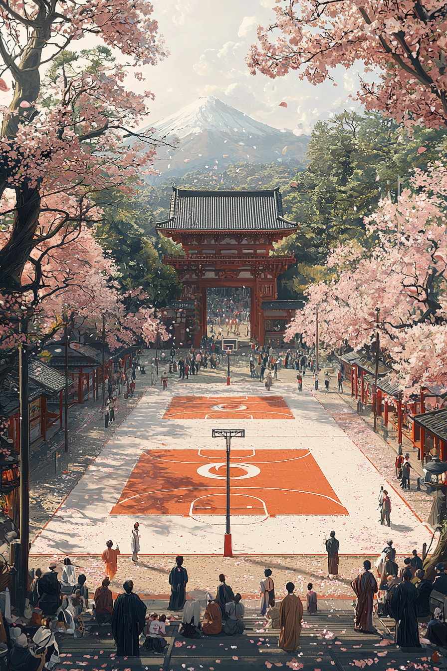 Detailed, photorealistic basketball court with cherry blossoms, lanterns, locals.