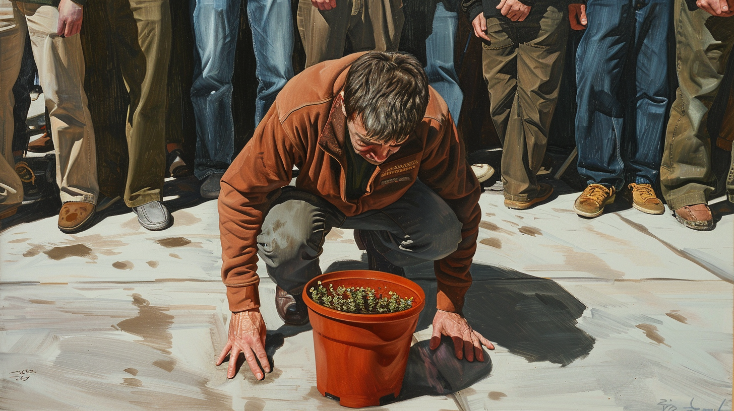 Detailed, photorealistic portrait of man looking at empty pot.