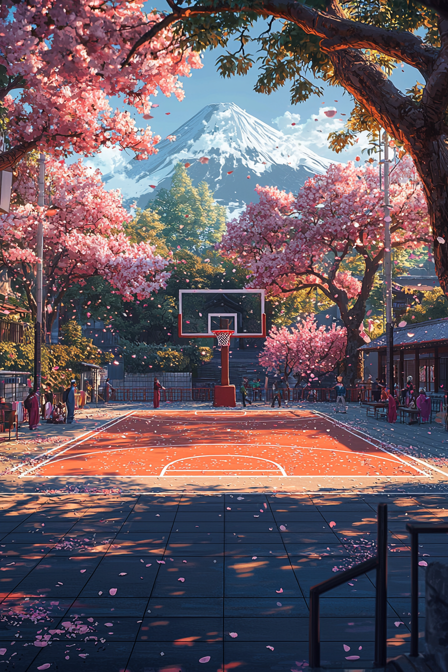 Detailed, realistic tatami basketball court with cherry blossom trees.