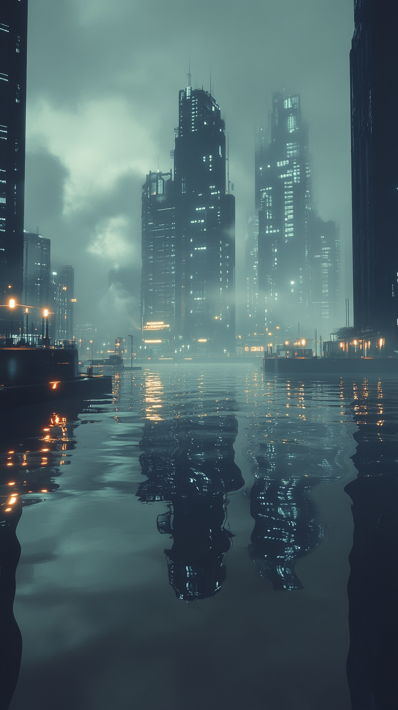 Detailed, reflective, dystopian waterfront at night in 8K.