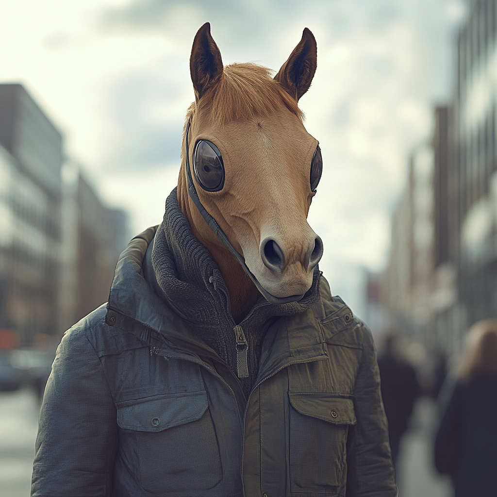 Detailed, surreal image of horse-headed human figure.