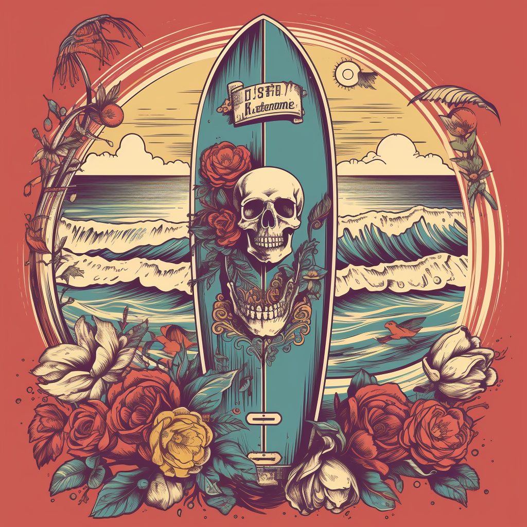 Detailed, vibrant beach scene with skull, rose, surfboard, skateboard.