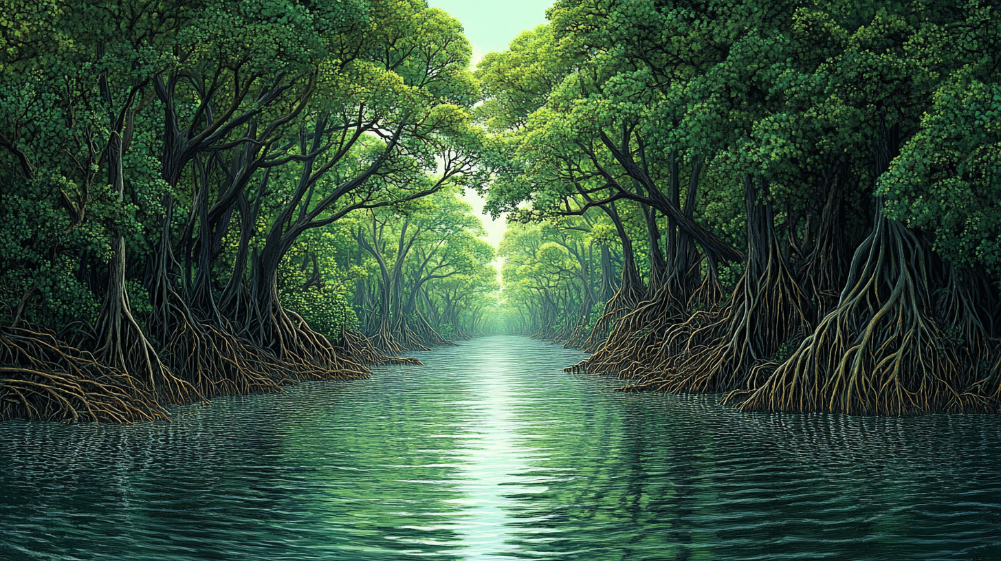 Detailed 18th century mangrove forest illustration in 16:9 ratio.