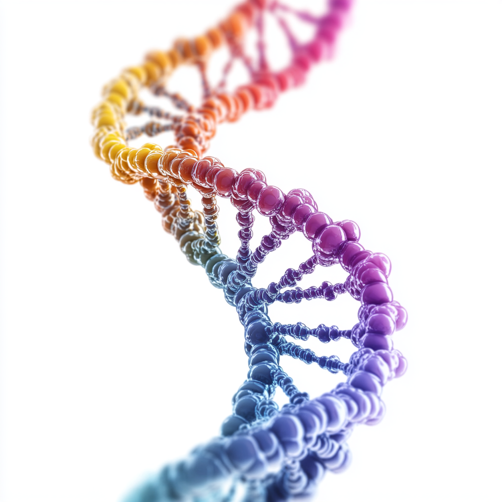 Detailed 3D DNA double helix structure on white background.