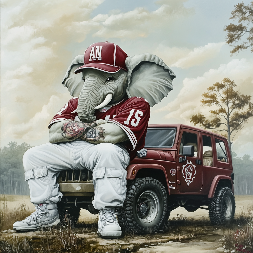 Detailed 3D illustration of Alabama Crimson Tide elephant caricature.