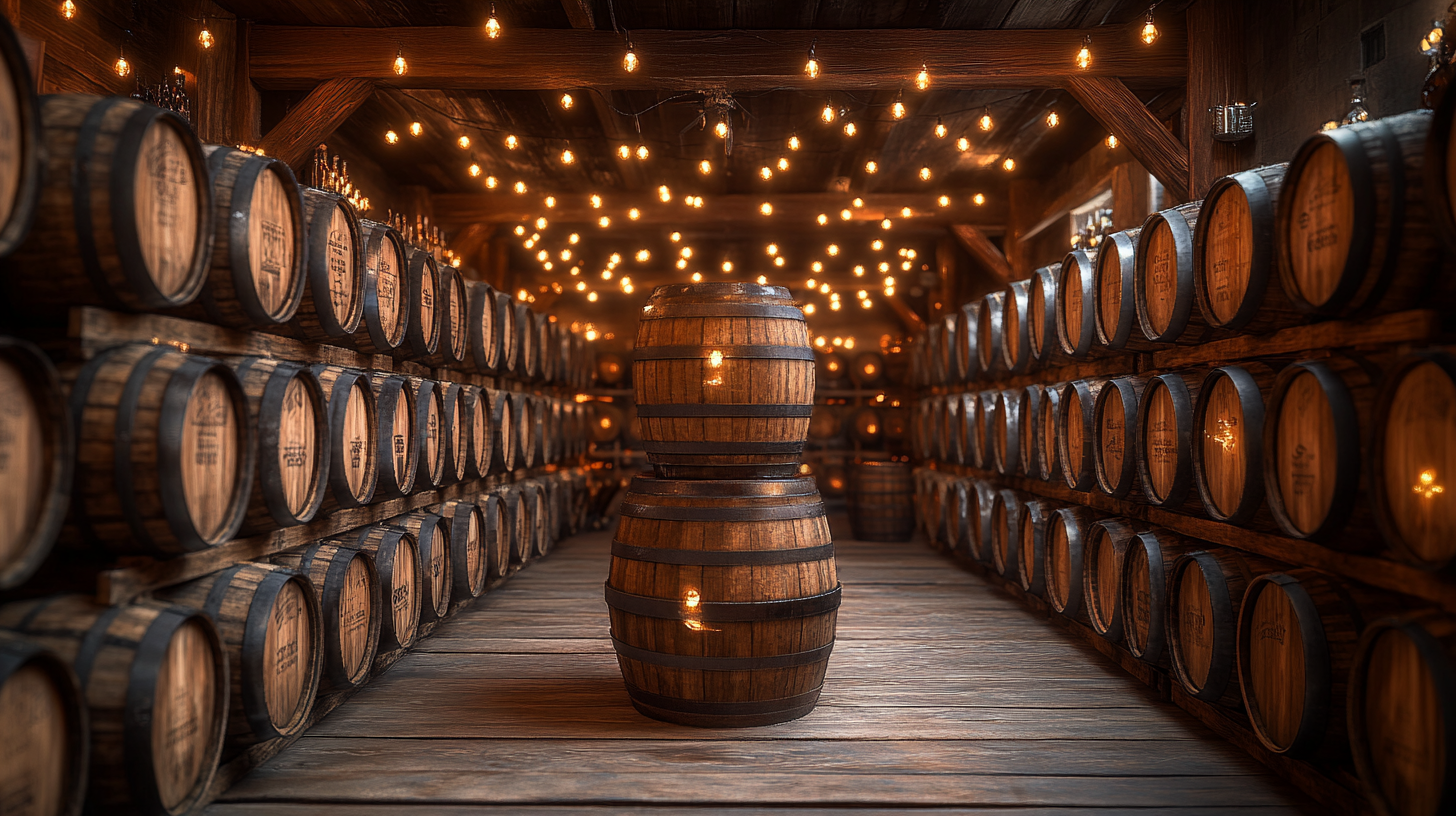 Detailed 8K photo of bourbon barrels in cellar.