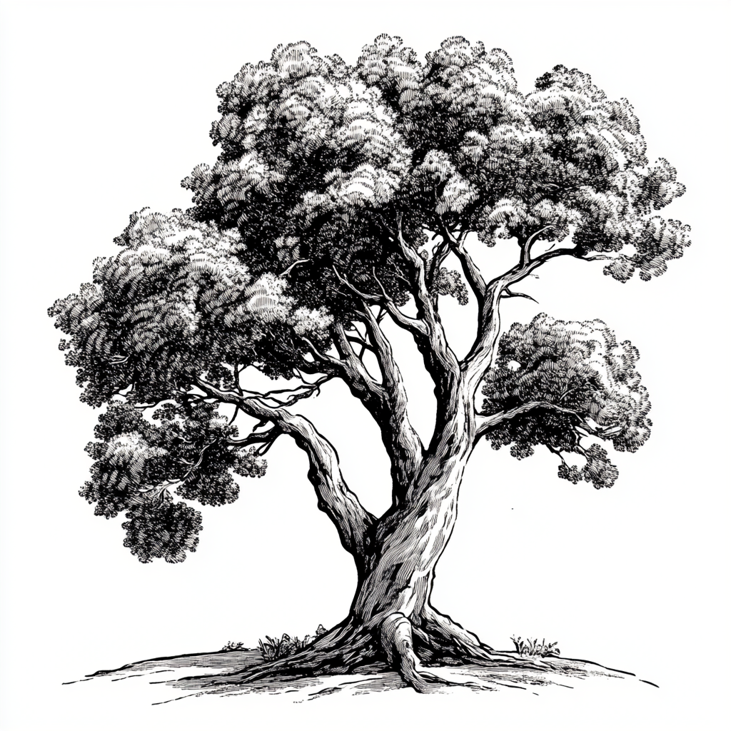 Detailed Australian Jarrah tree with thick trunk and shading.