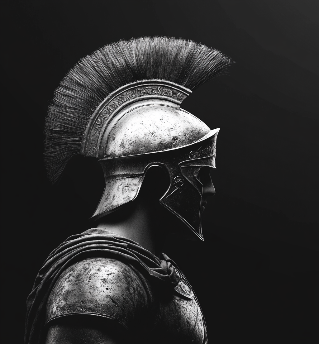 Detailed Black and White Ancient Greek Soldier Portrait