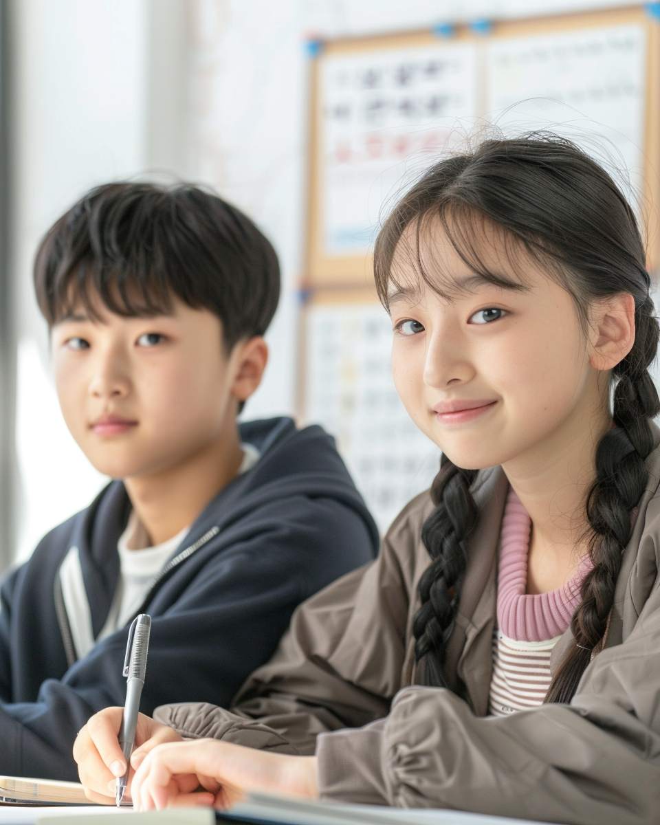 Detailed Close-Up of Korean Middle School Students Studying English