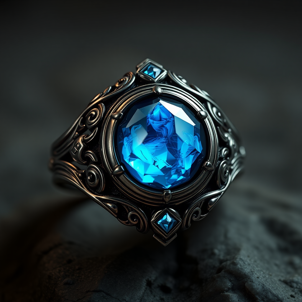 Detailed Dark Metal Ring with Blue Magic Stone