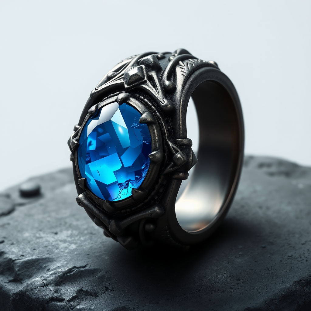 Detailed Dark Metal Ring with Blue Stone