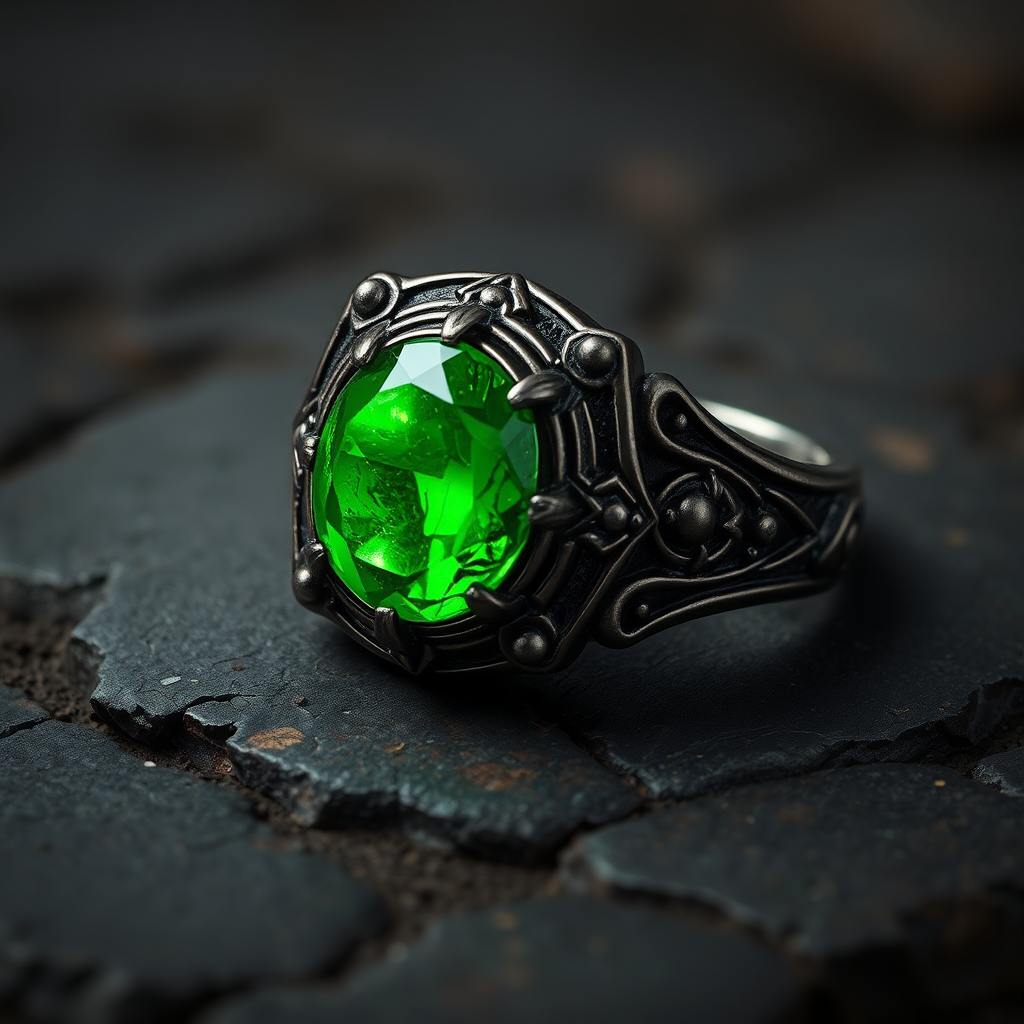 Detailed Dark Metal Ring with Green Magic Stone Sample AI Image