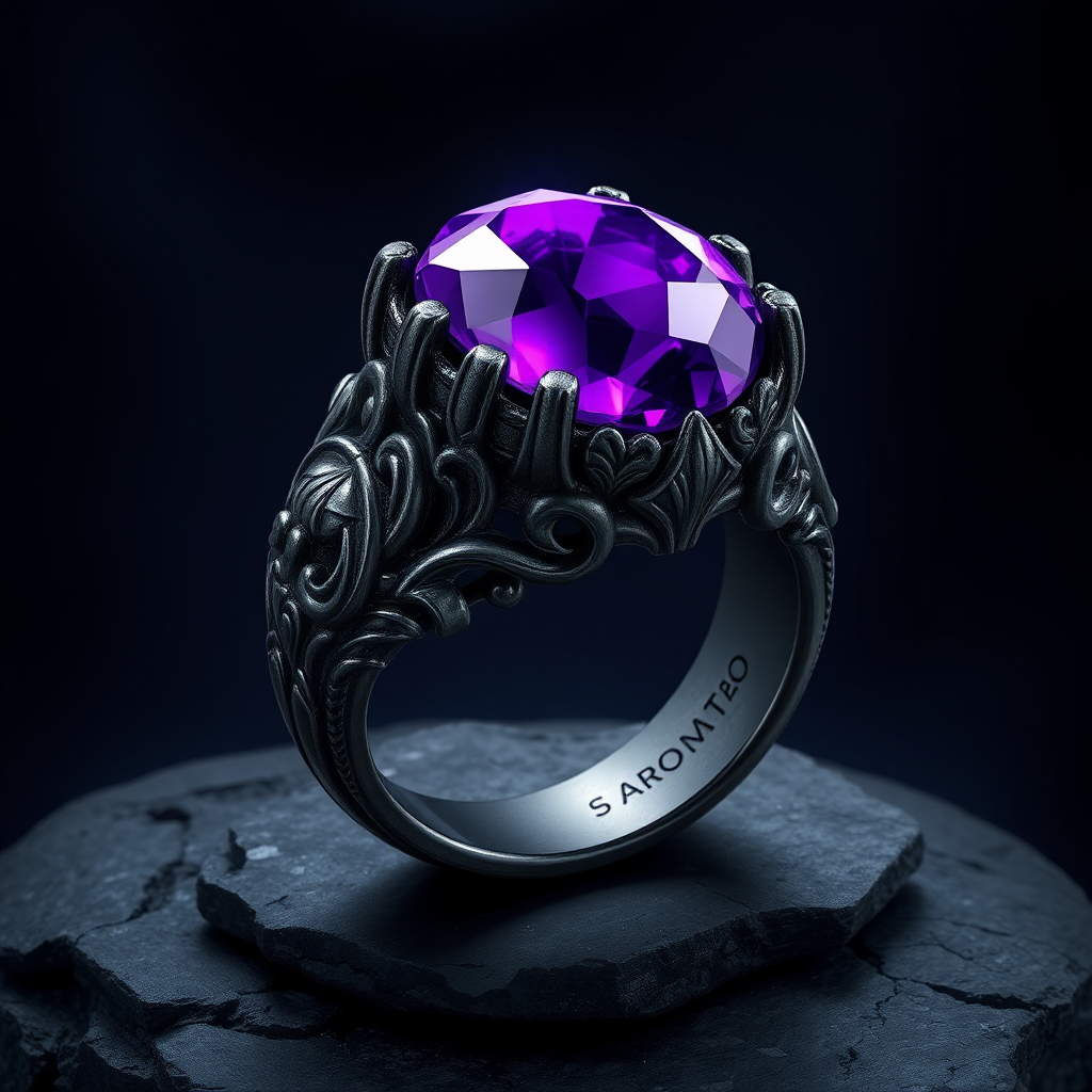 Detailed Dark Metal Ring with Purple Magic Stone and Dark Stone Ground